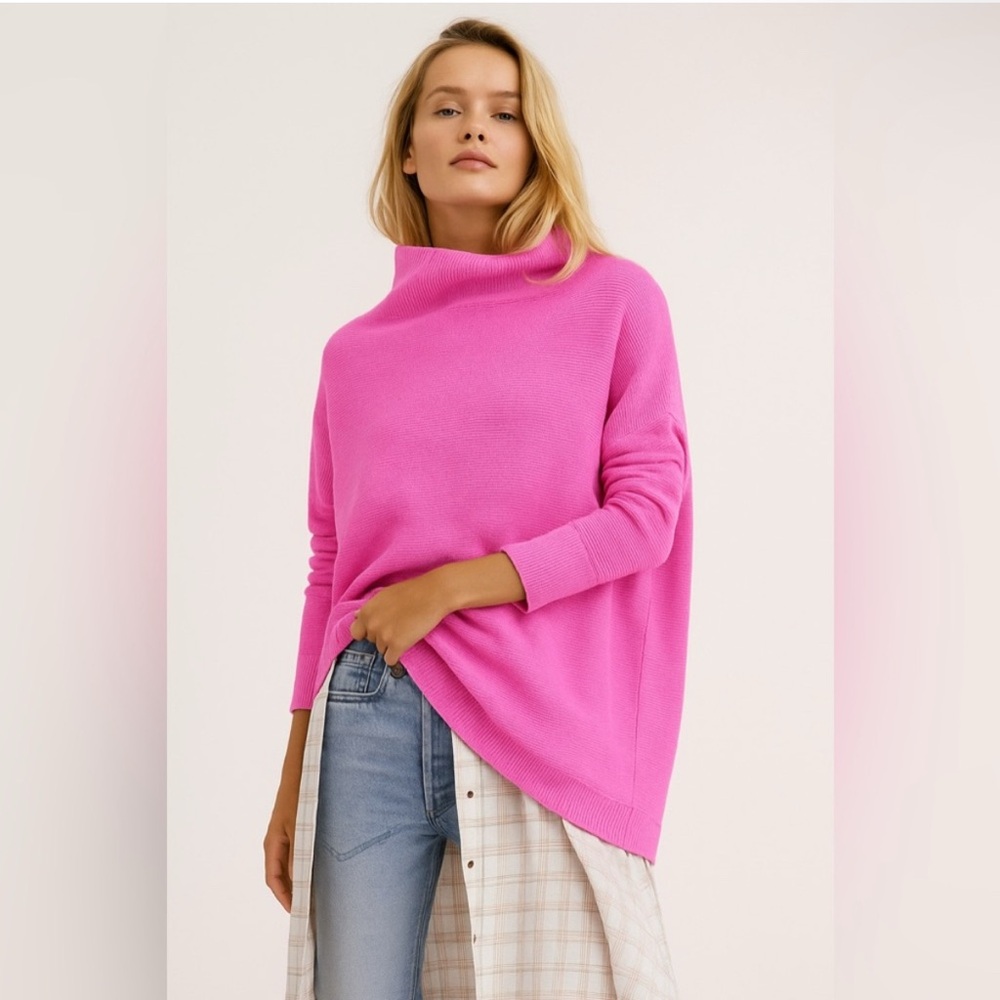 Free People Bright Pink Funnel Neck Sweater